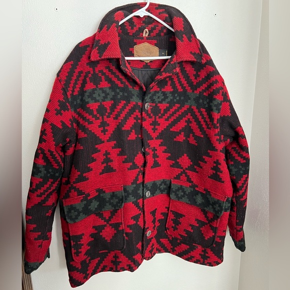 WOOLRICH Vintage 90's Southwest Aztec Wool Jacket Coat Red Black Green Mens XL - Picture 1 of 5